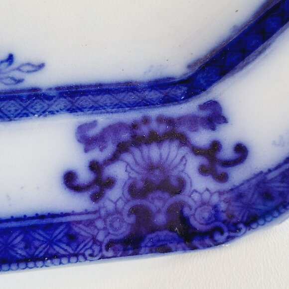 Stunning Antique Davenport Amoy Flow Blue 13" Platter Asian Design, c.1840s - Picture 10 of 15